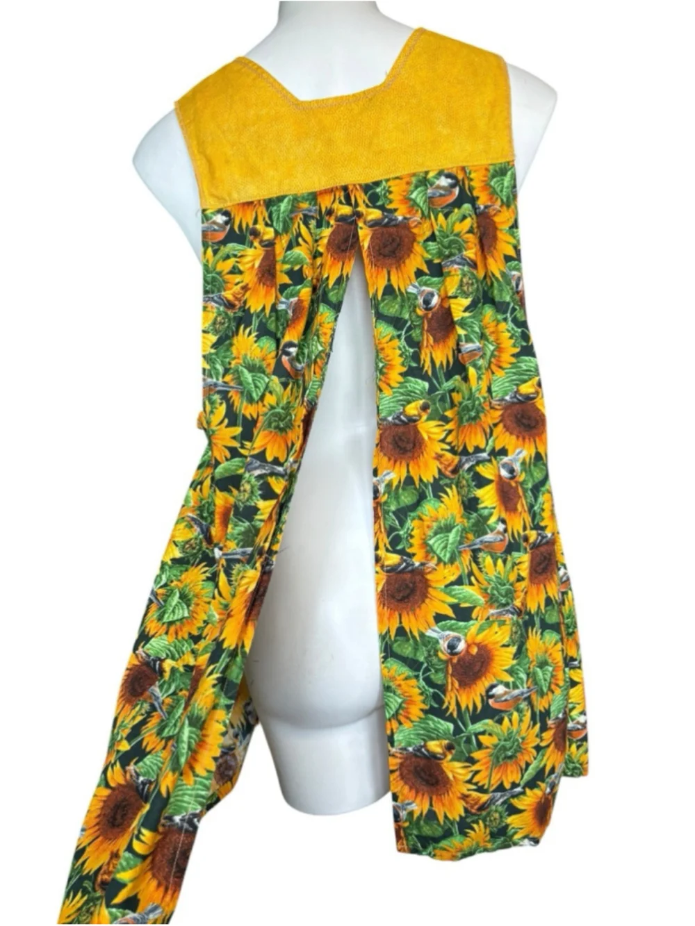 Handmade Sunflower Bird Print Smock Apron Pinafore Open Back Pockets Vintage